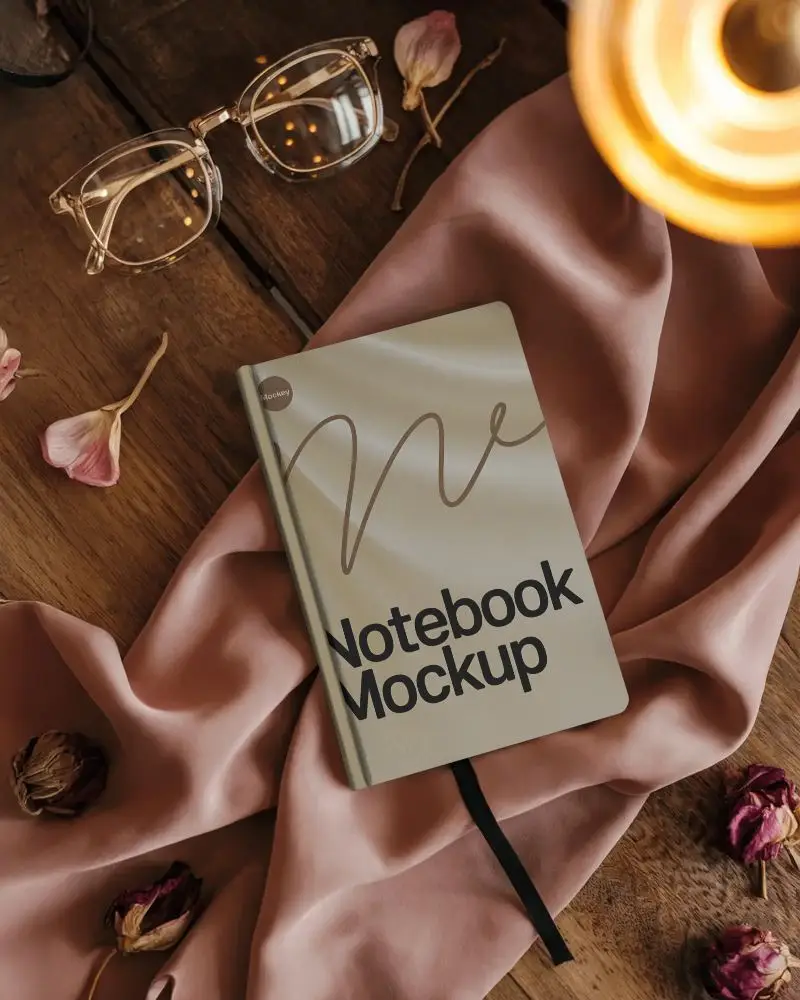 elegant-notebook-mockup-on-wooden-desk-with-pink-fabric-dried-flowers-and-glasses