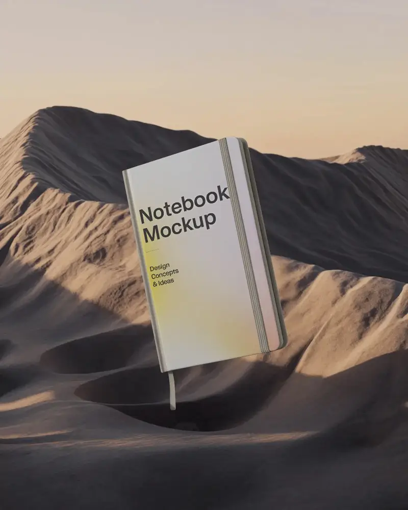 hardcover-notebook-mockup-floating-over-desert-landscape-background-for-branding