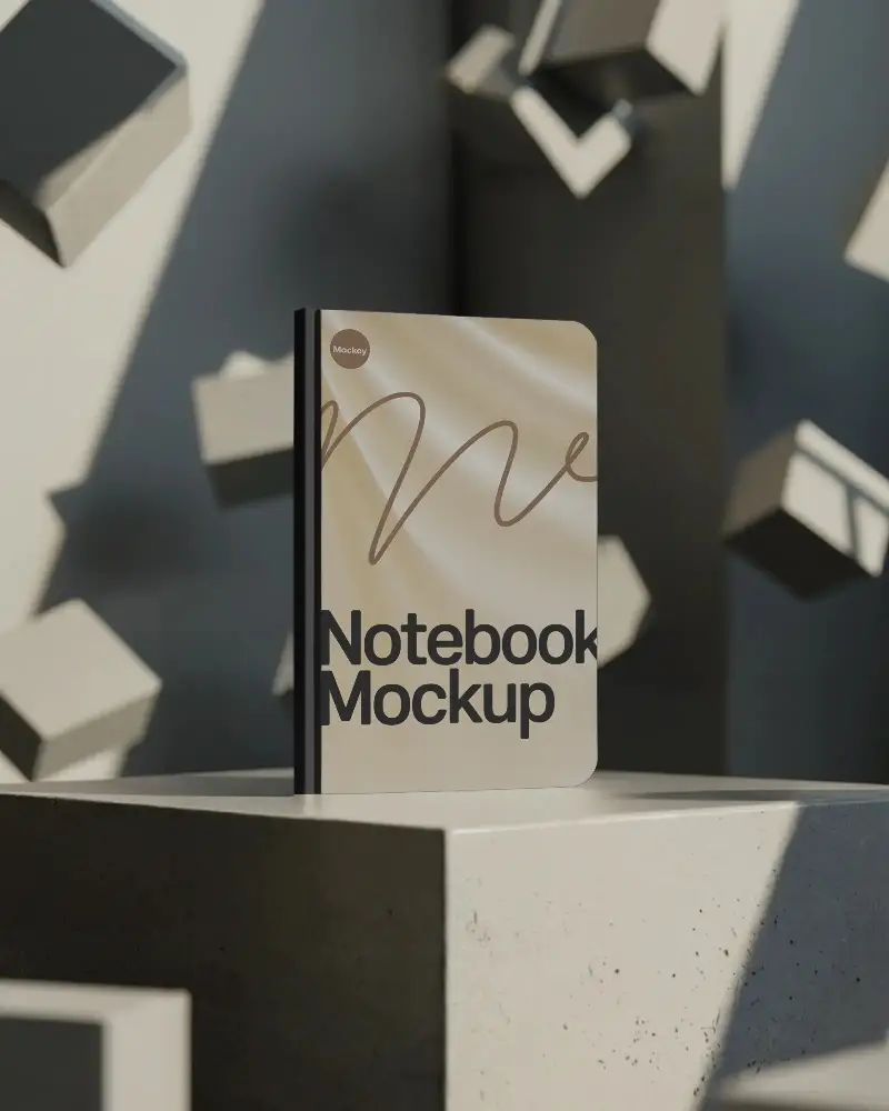 Minimalist Notebook Mockup With Floating Cubes And Modern Geometric Background For Design