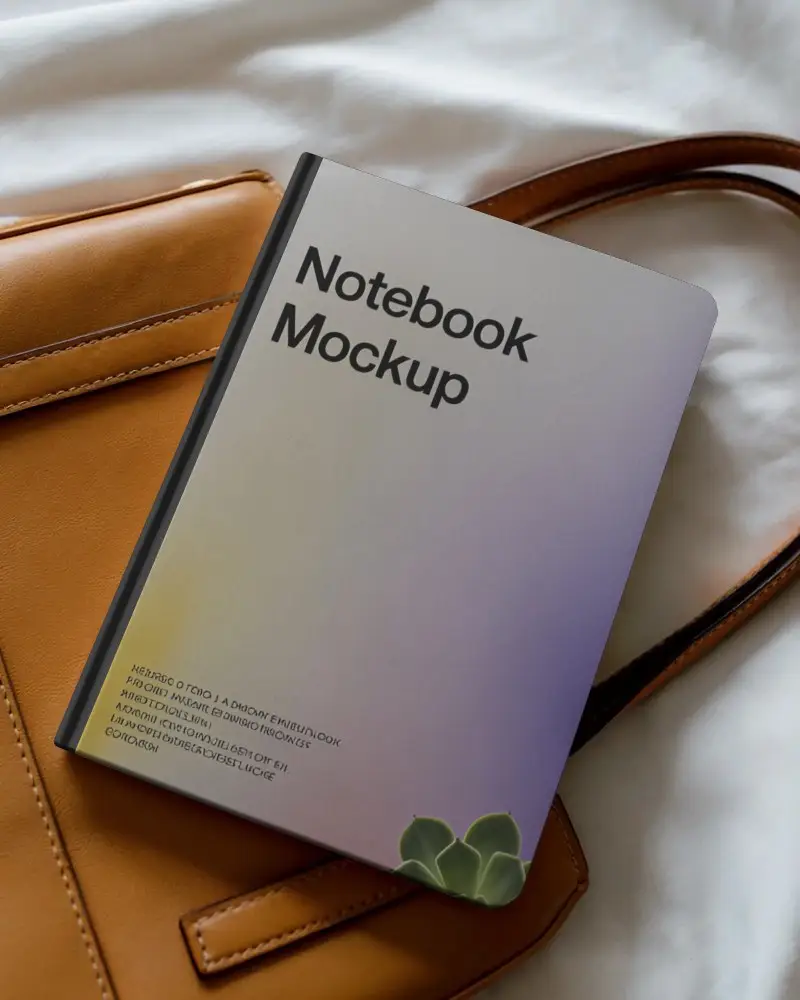 Hardcover Notebook Mockup With Soft Rounded Corners Placed On Leather Bag For Daily Use