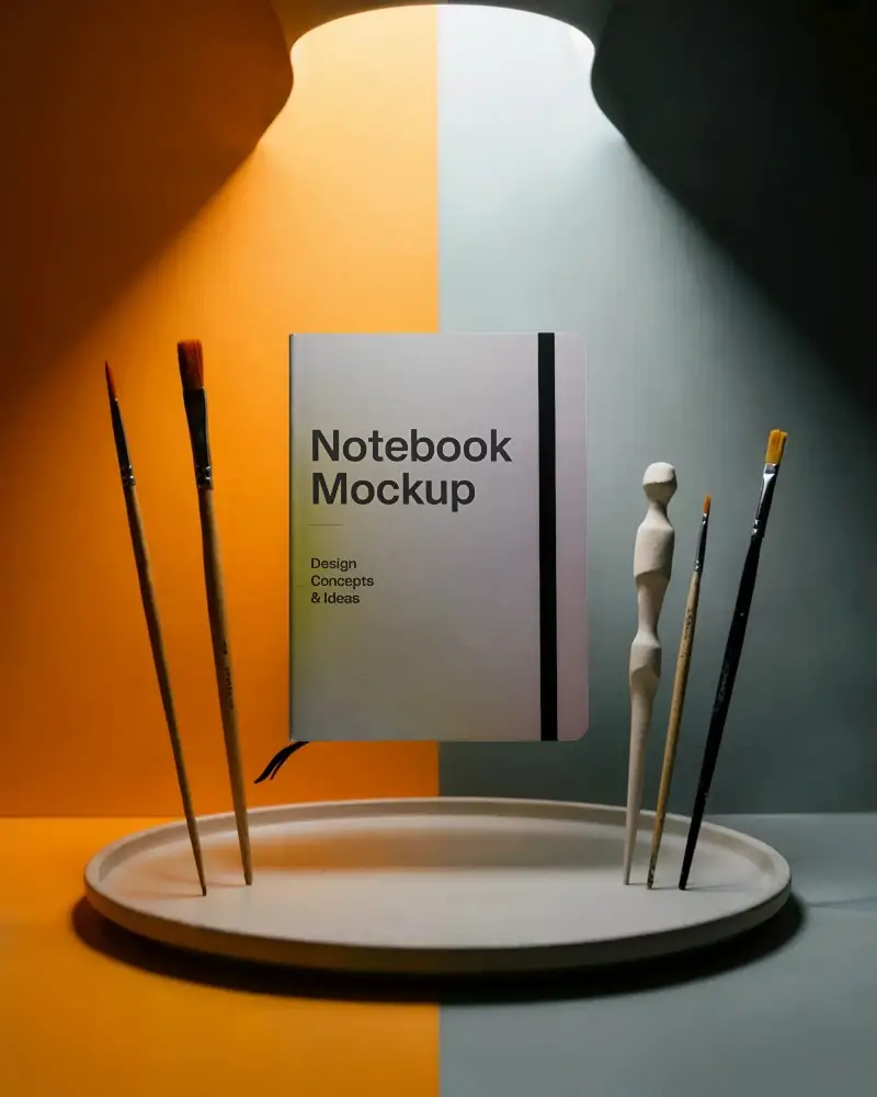 Modern Minimalist Notebook Mockup With Floating Design And Brushes For Creative Projects