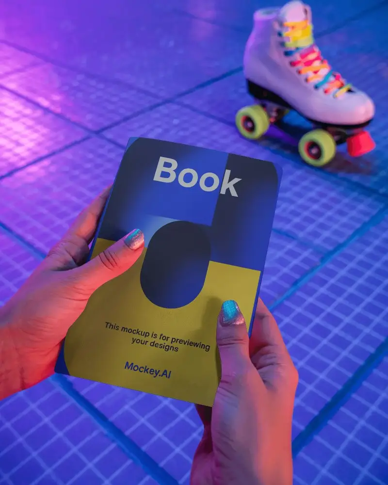 Neon Roller Rink Notebook Mockup Held In Hands With Vibrant Retro Skate Atmosphere