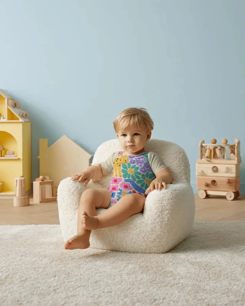Toddler Wearing Baby Onesie Mockup Cozy Home Environment Children Fashion Trend