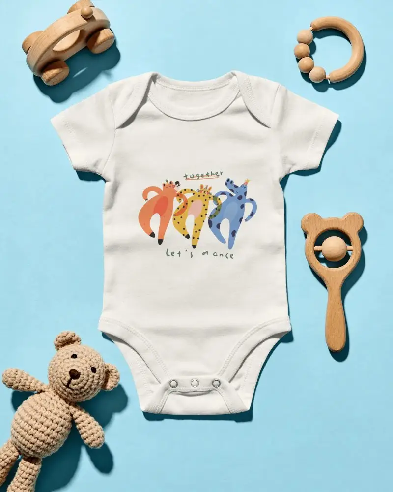 Soft Breathable Baby Onesie Mockup With Baby Toys Flatlay Infant Apparel Mockup