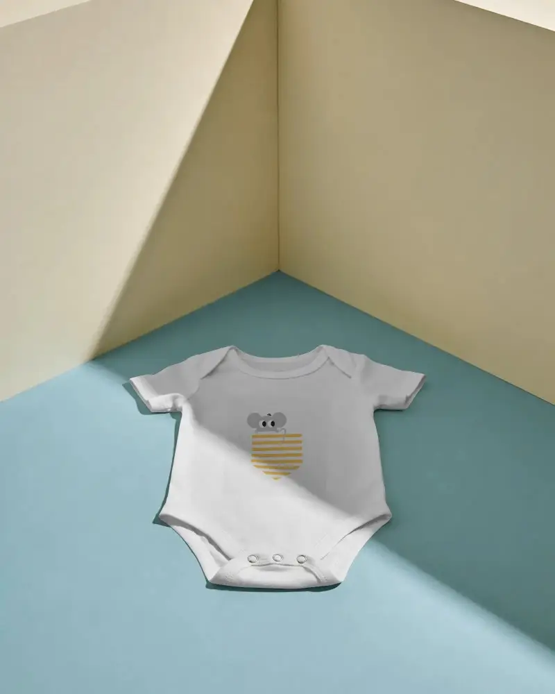 Baby Onesie Mockup With Short Sleeves Flats Lay Corner Background Minimal Style Display