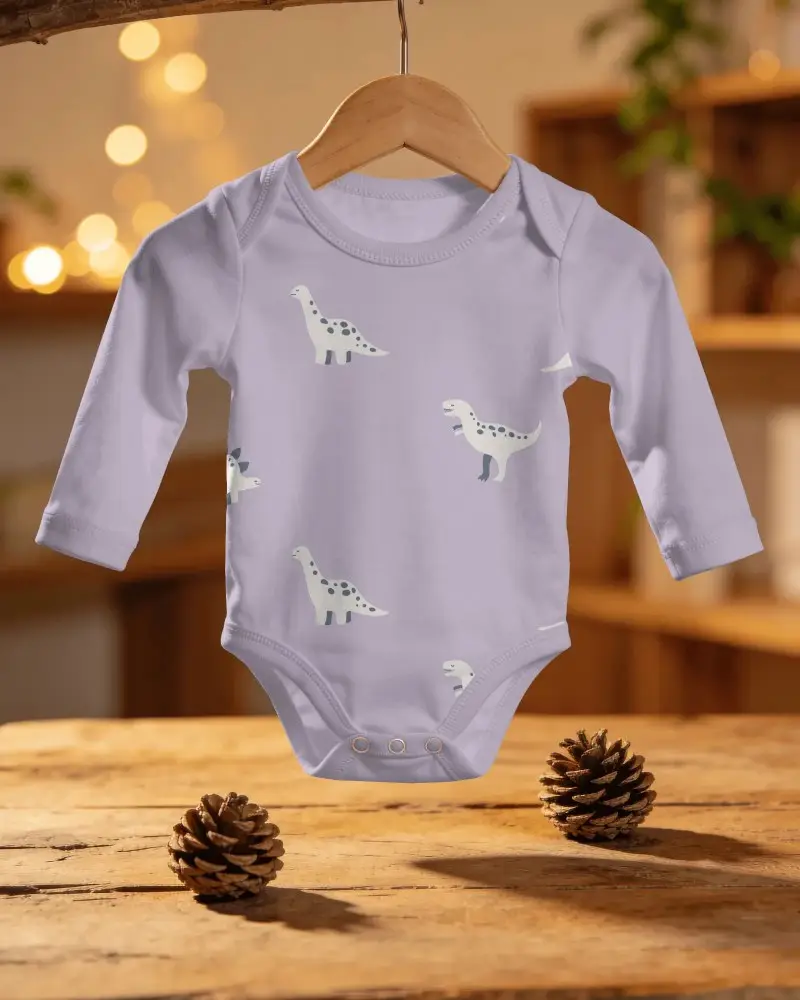 Hanging Baby Onesie Mockup With Long Sleeves On Wooden Hanger Background