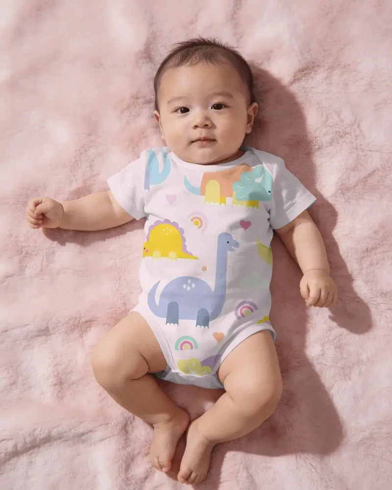Infant Baby Onesie Mockup Flat Lay Photo On Fur Textured Surface For Kids Wear Marketing