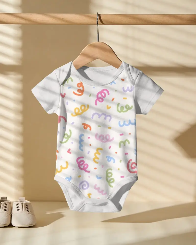 Soft Breathable Baby Onesie Mockup With Short Sleeves On Wooden Hanger For Design