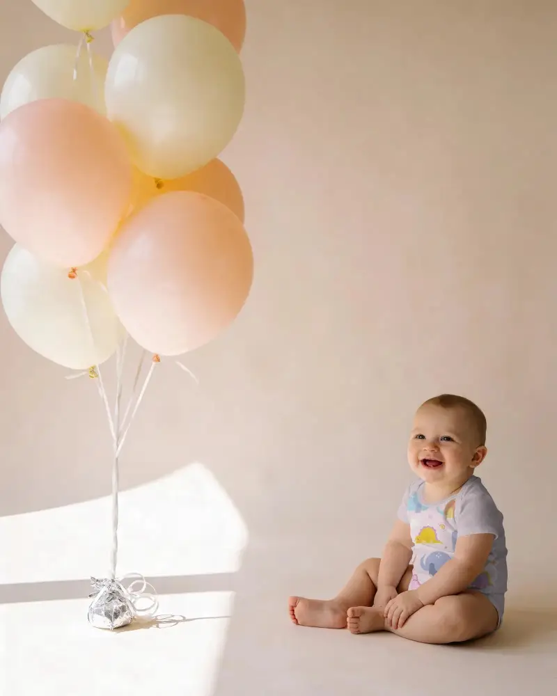 Adorable Baby Onesie Mockup Sitting With Balloons On Minimalist Neutral Background
