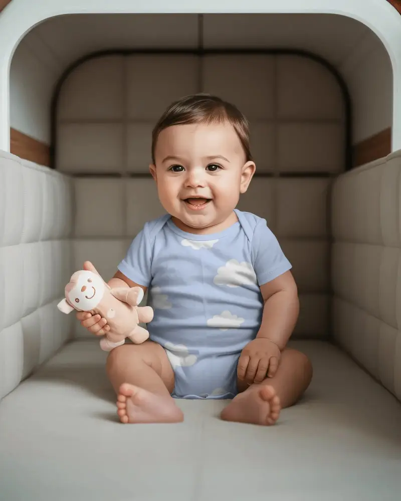 Cute Baby Onesie Mockup With Smiling Infant Sitting In Cozy Padded Playpen Holding Plush Toy