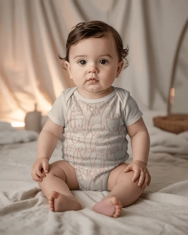 Cotton Baby Onesie Mockup Sitting Infant Wearing Soft Bodysuit For Baby Clothing Brand Promo