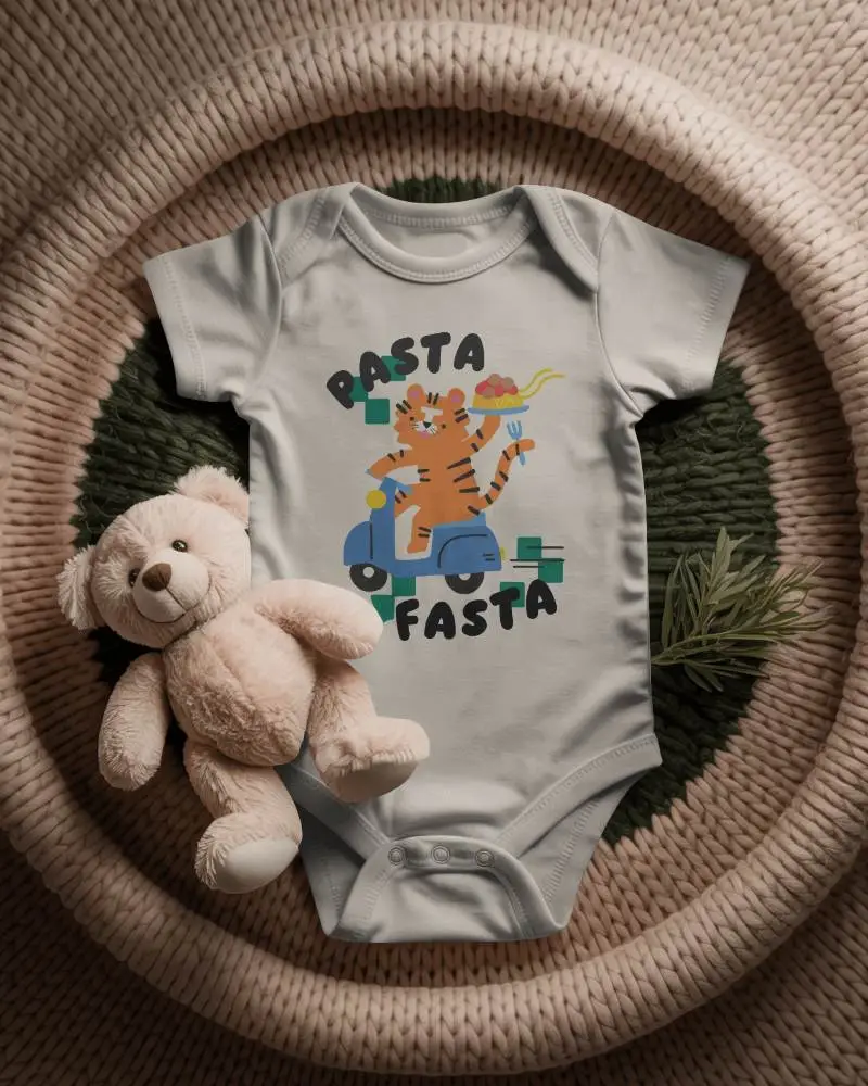 Flatlay Baby Onesie Mockup On Woven Rattan Basket With Soft Natural Light