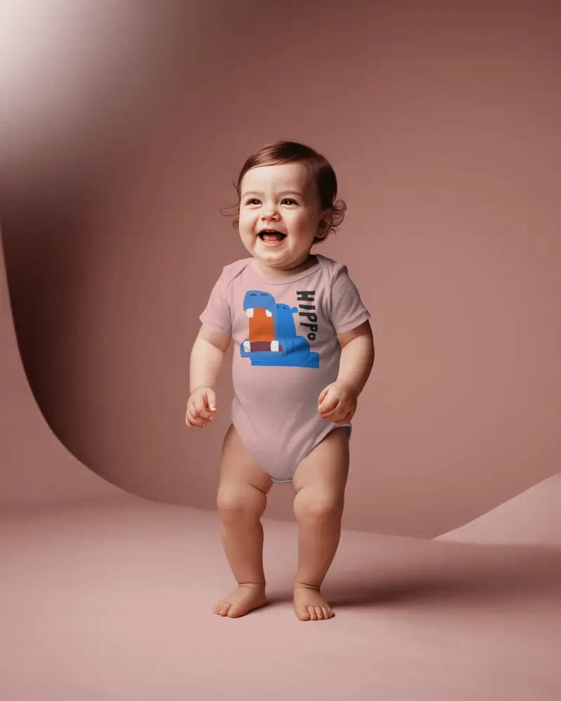 Studio Baby Onesie Mockup Standing Toddler In Soft Pastel Curved Background