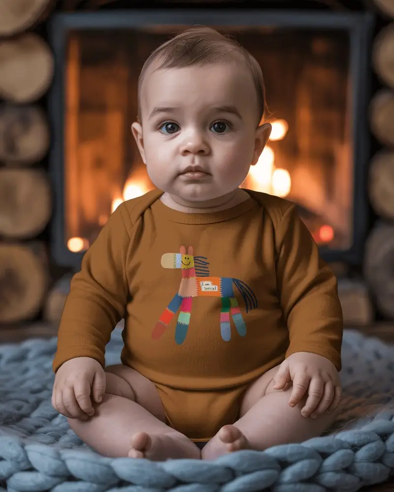 Cozy Fireplace Baby Onesie Mockup Sitting Toddler In Warm Winter Setting