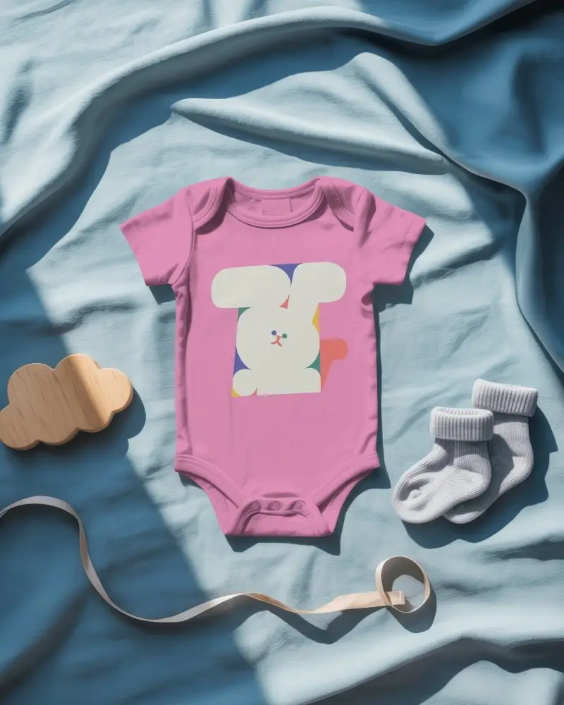 Sunlit Flatlay Baby Onesie Mockup On Soft Blue Fabric With Baby Accessories