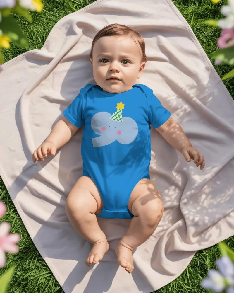 Outdoor Baby Onesie Mockup Top View On Blanket In Sunny Grass Setting