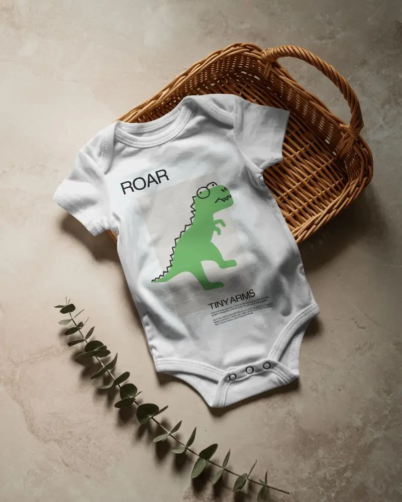 Neutral Tone Baby Onesie Mockup Top View With Natural Light And Leaf Accent