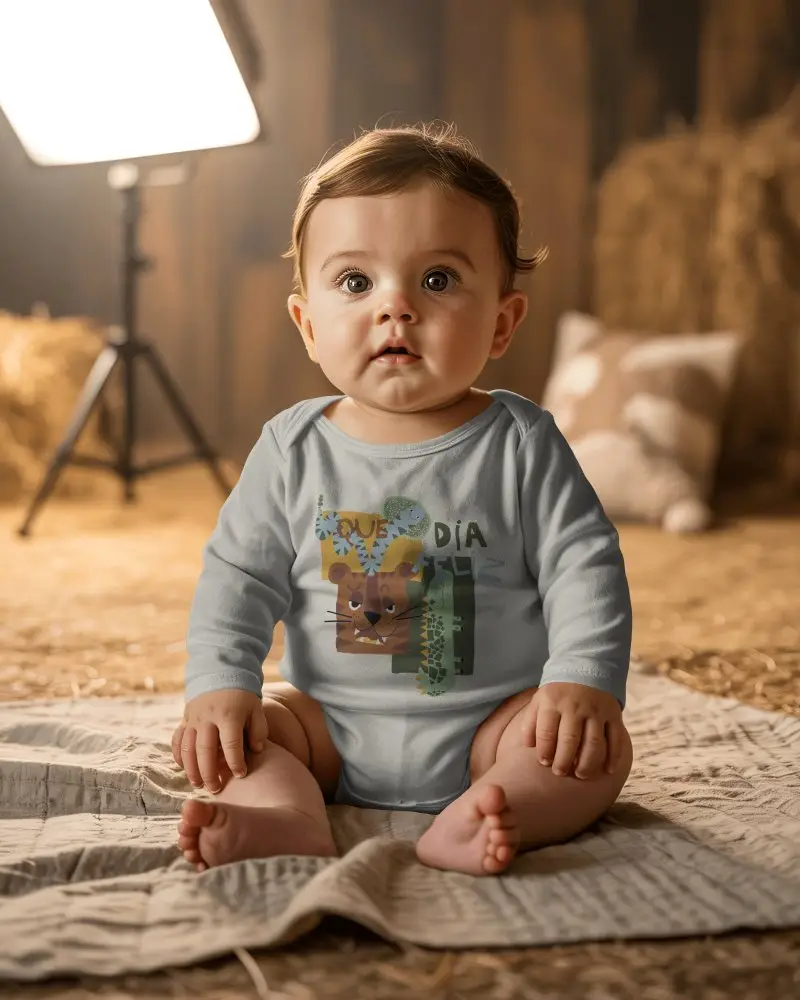Studio Lifestyle Baby Onesie Mockup With Softbox Light In Rustic Setting Farmhouse Backdrop