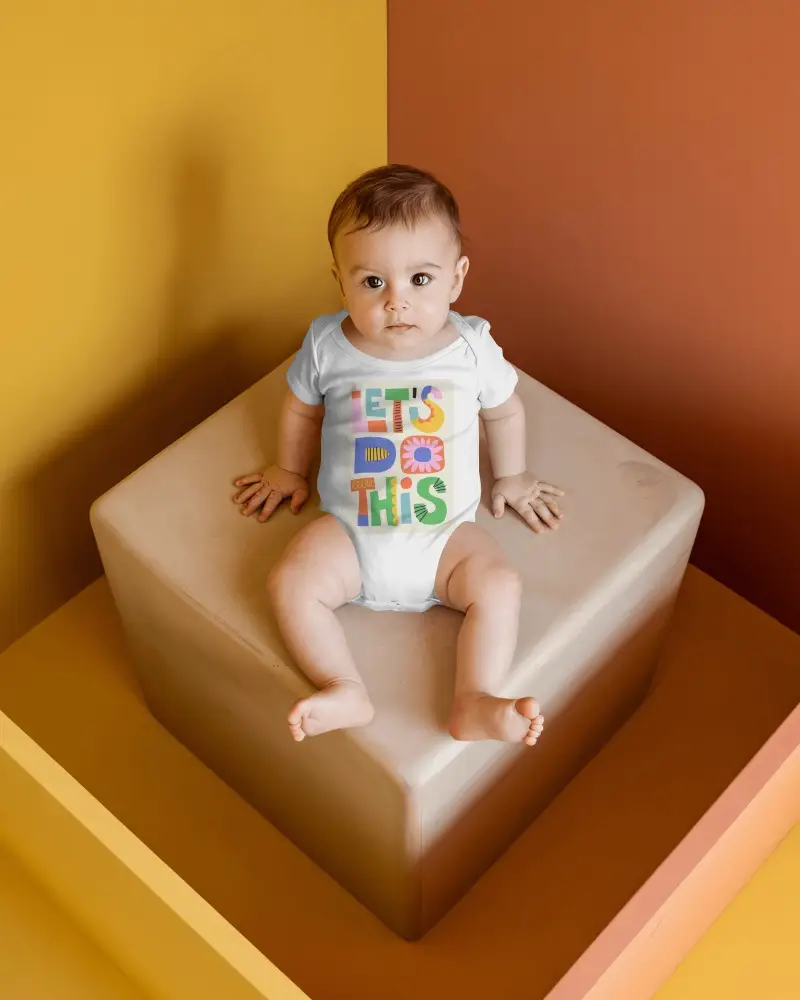 Color Block Studio Baby Onesie Mockup With Modern Geometric Background