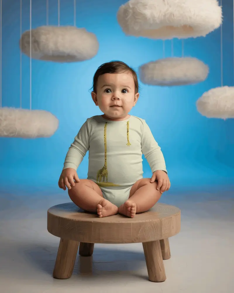 Whimsical Baby Onesie Mockup With Hanging Cloud Props And Blue Studio Backdrop
