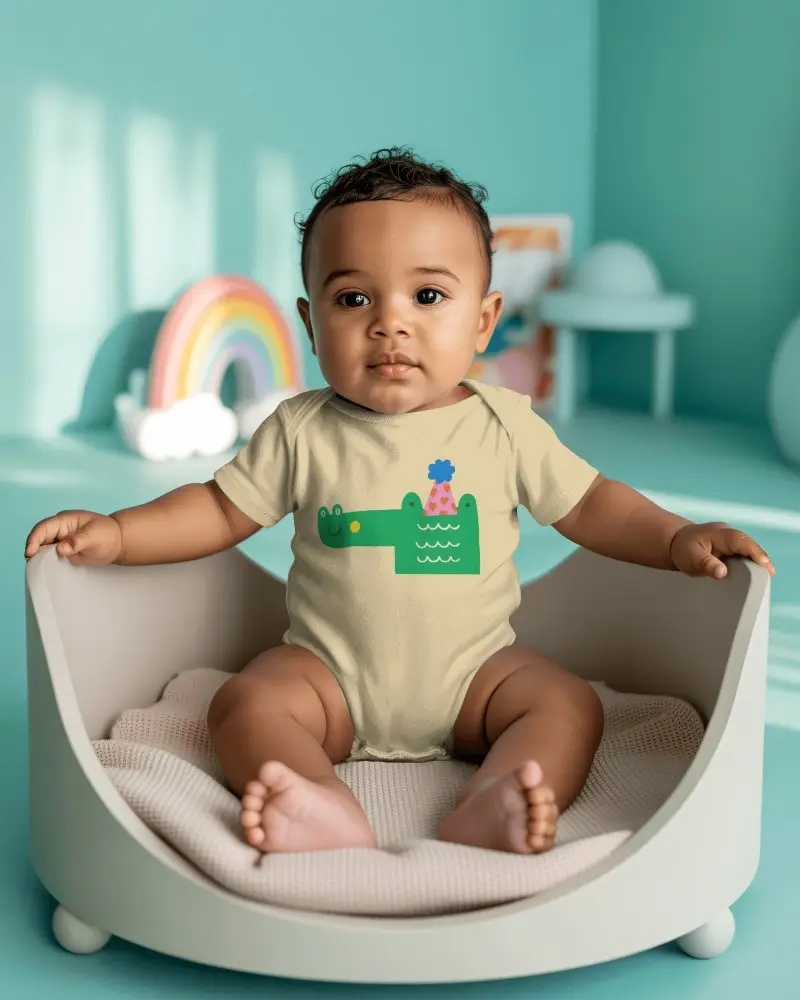 Nursery Baby Onesie Mockup Infant Seated In Modern Crib Chair Soft Pastel Room