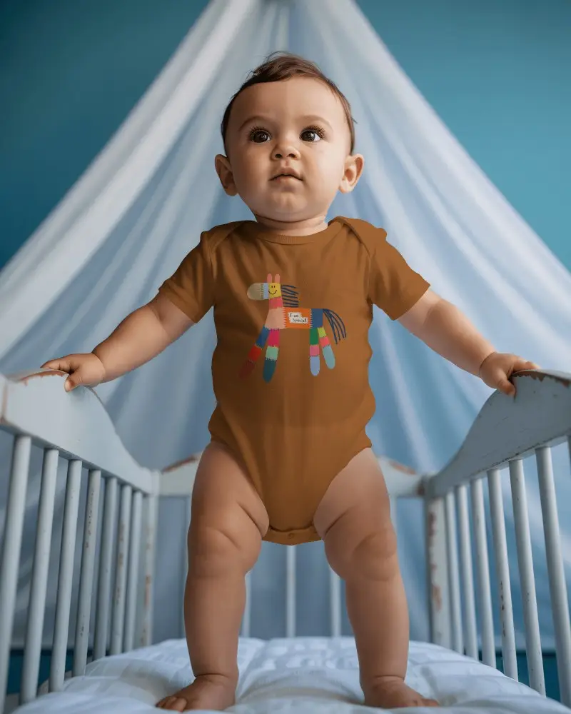 Nursery Baby Onesie Mockup Infant Standing In Crib Soft Canopy Backdrop