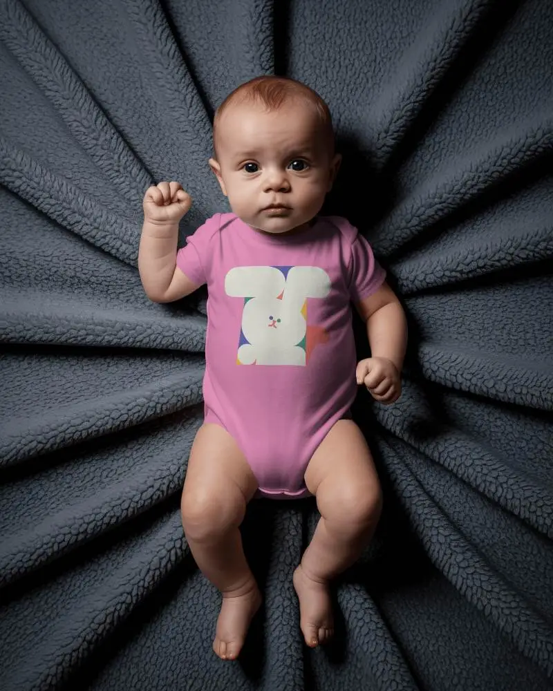 Flatlay Baby Onesie Mockup Infant Lying On Radial Textured Blanket Background