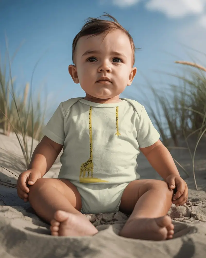 Beach Baby Onesie Mockup Infant Sitting On Sand With Coastal Grass Background