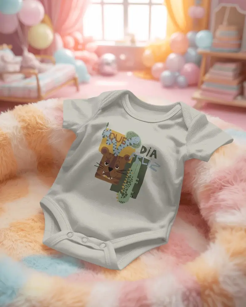 Nursery Baby Onesie Mockup Flat Lay On Fluffy Chair Colorful Playroom Background