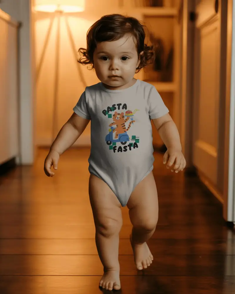 Sunlit Hallway Baby Onesie Mockup Toddler Walking Natural Warm Interior Lighting