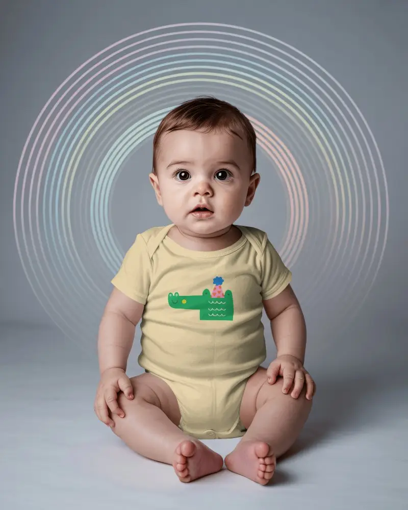 Modern Studio Baby Onesie Mockup Seated Infant Front View Abstract Line Circle Backdrop