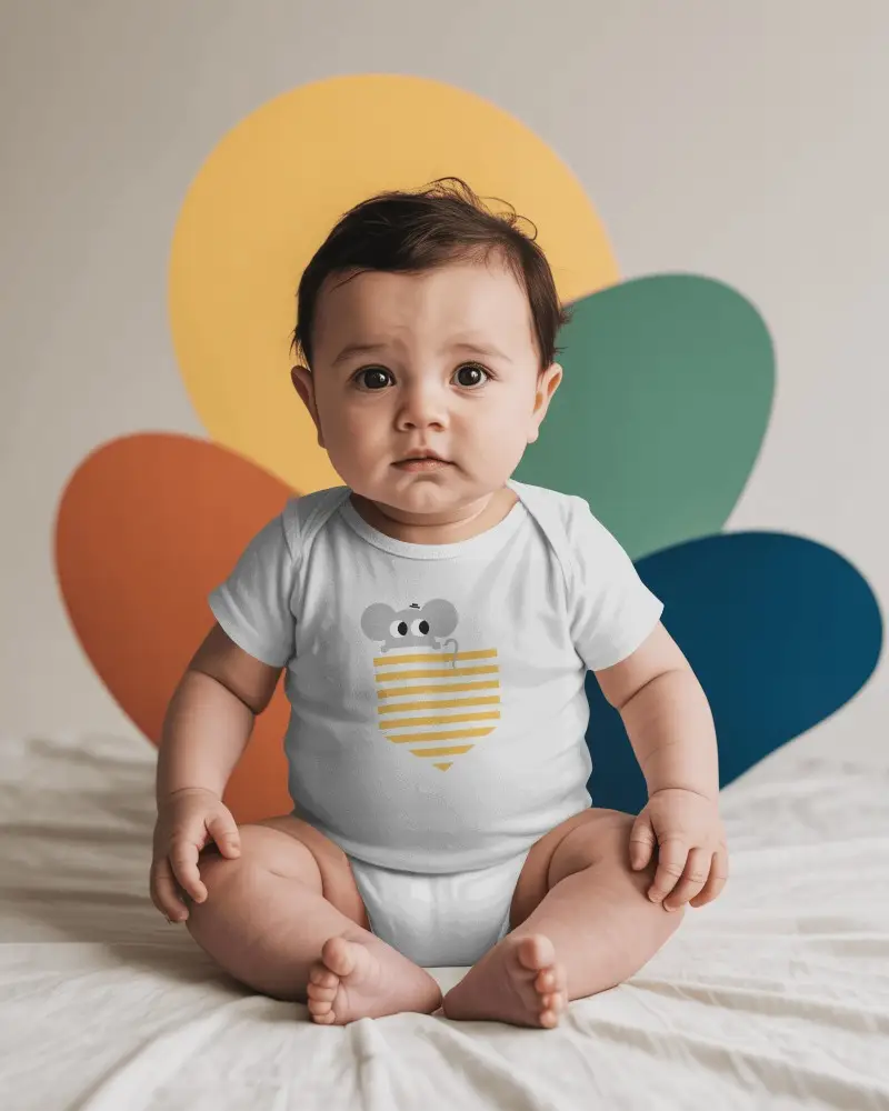 Artsy Studio Baby Onesie Mockup Seated Infant Front View Organic Color Shapes Backdrop