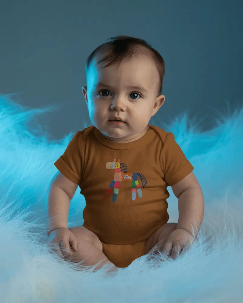Dreamy Studio Baby Onesie Mockup Seated Infant Soft Feather Texture Cool Blue Lighting
