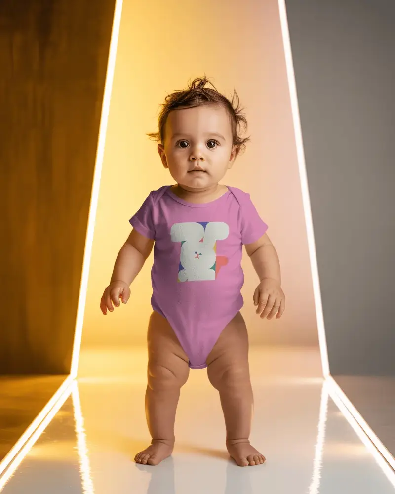 Modern Runway Baby Onesie Mockup Standing Toddler Front View Geometric Light Panels