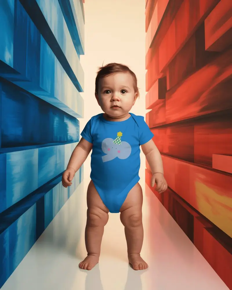 Abstract Corridor Baby Onesie Mockup Standing Toddler Bold Red Blue Geometric Walls