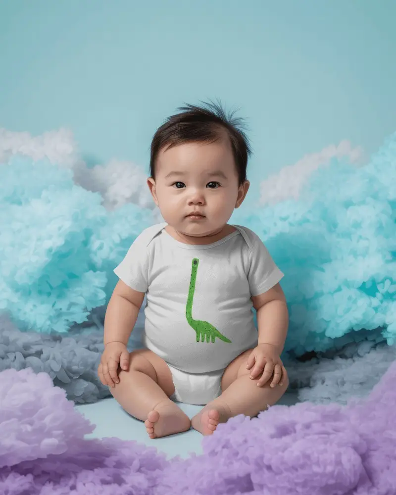 Pastel Cloud Baby Onesie Mockup Seated Infant Soft Floral Texture Studio Backdrop