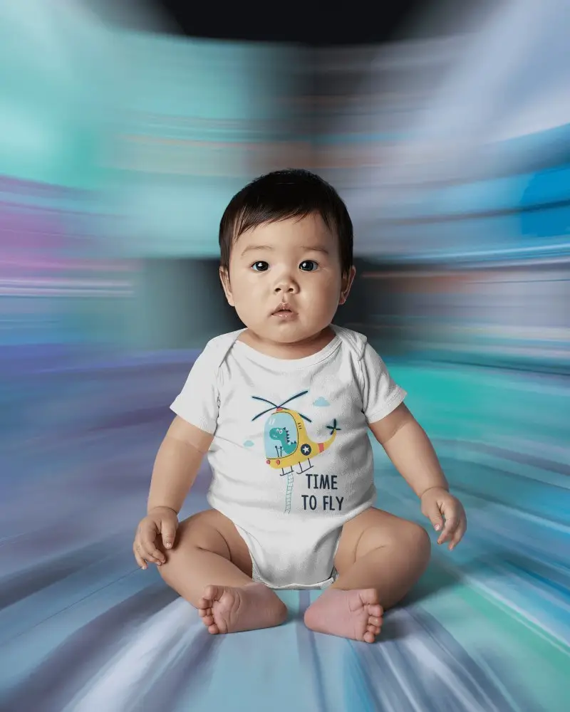 Studio Baby Onesie Mockup Sitting Infant Front View Soft Neutral Light Clean Modern Background