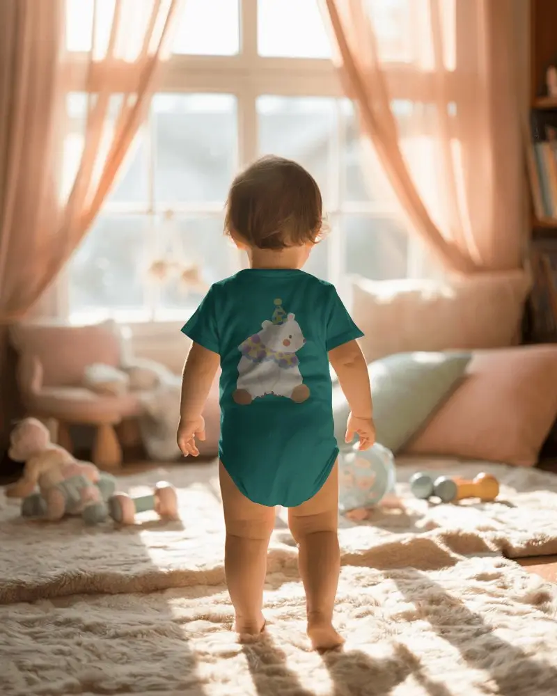 Sunlit Nursery Baby Onesie Mockup Back View Toddler Standing Soft Morning Light Cozy Home Scene