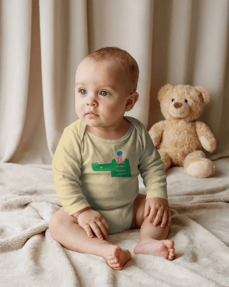 Cozy Interior Baby Onesie Mockup Sitting Infant With Teddy Bear Soft Neutral Home Setting