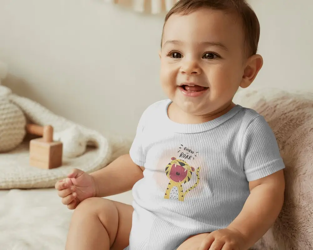 Happy Lifestyle Baby Onesie Mockup Smiling Infant Sitting Indoor Soft Natural Home Light