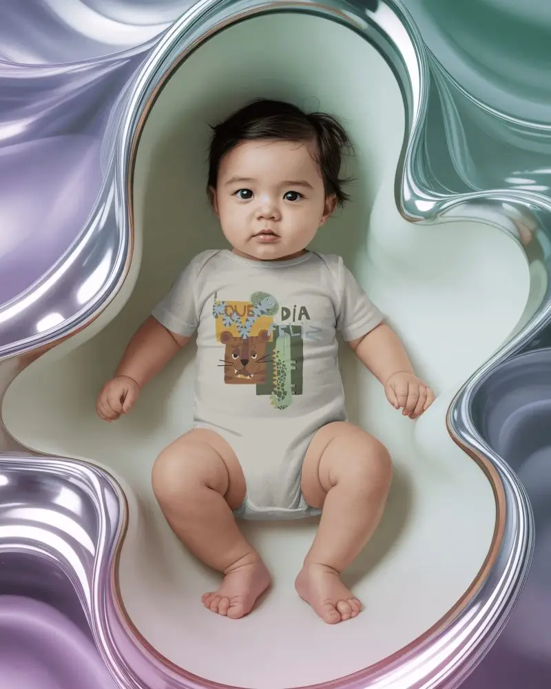 Abstract Art Baby Onesie Mockup Infant Lying Flat Top View Fluid Metallic Background Modern Style