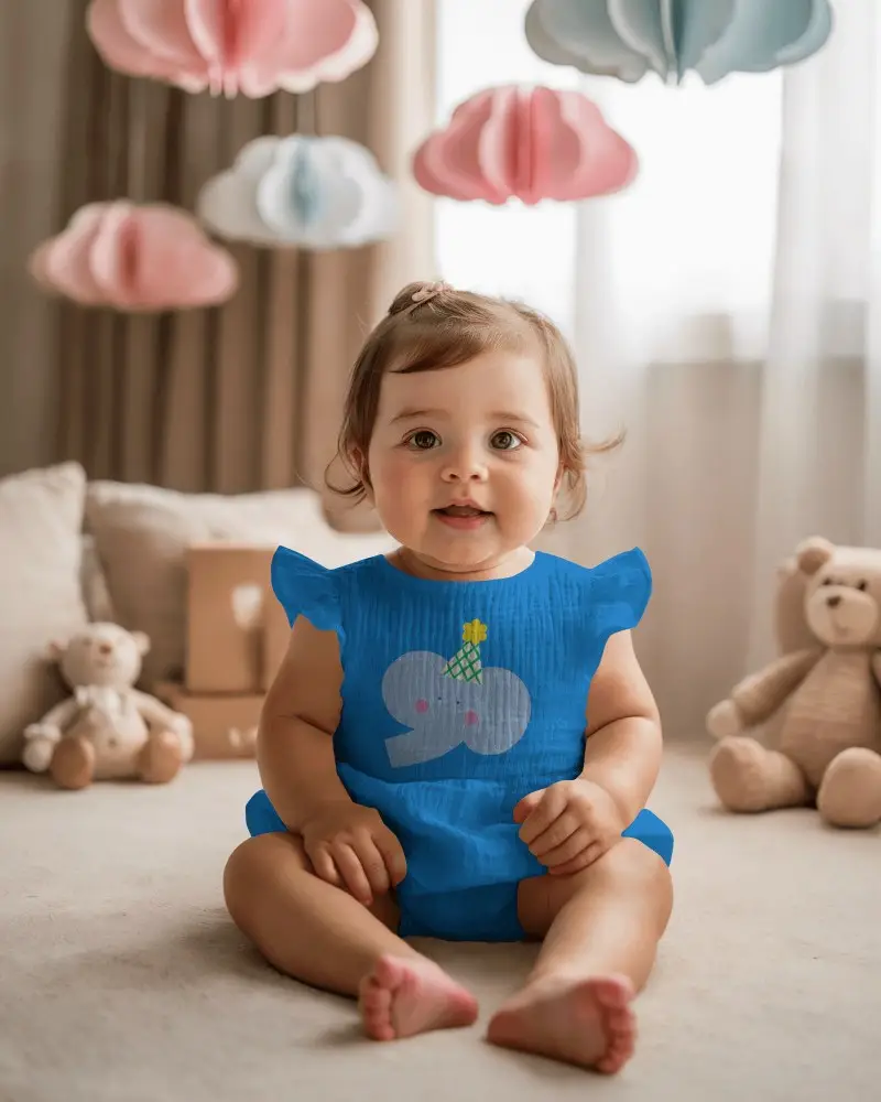 Soft Nursery Baby Onesie Mockup Sitting Infant Front View Pastel Decor Cozy Home Lighting