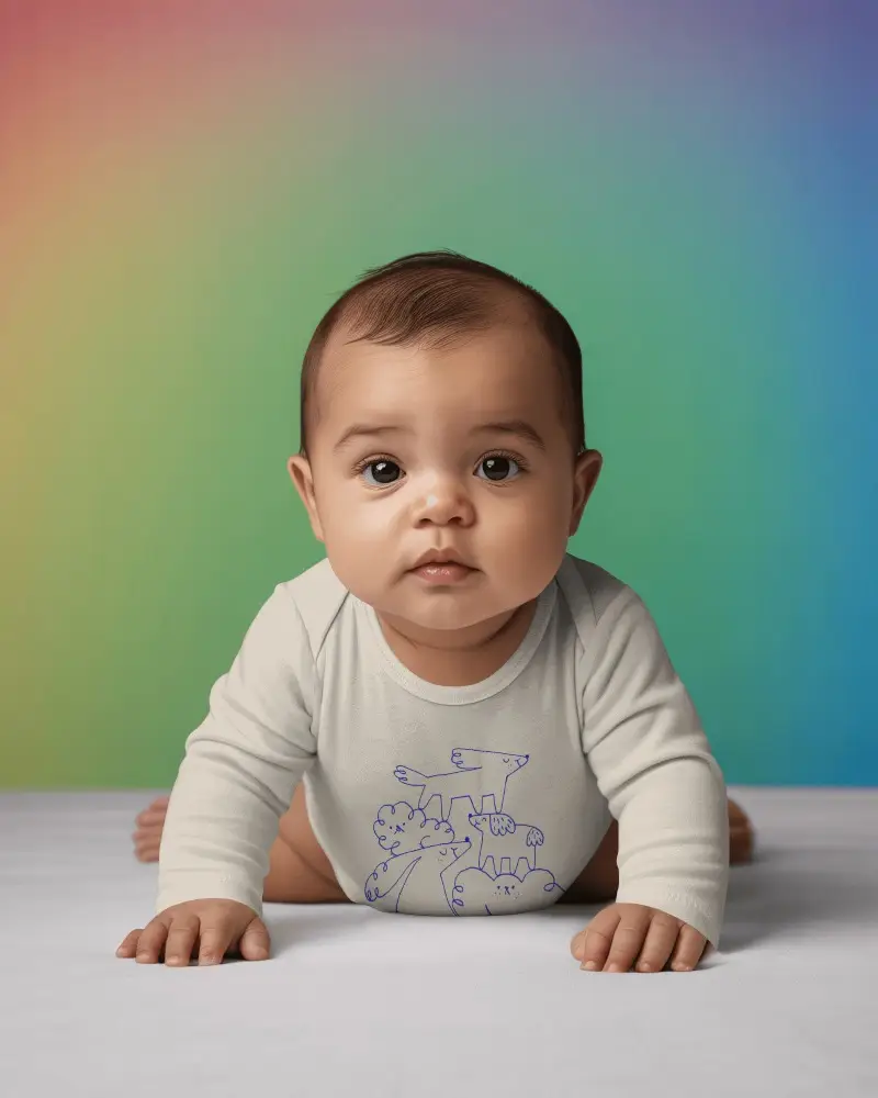 Colorful Gradient Baby Onesie Mockup Crawling Infant Front View Clean Studio Composition