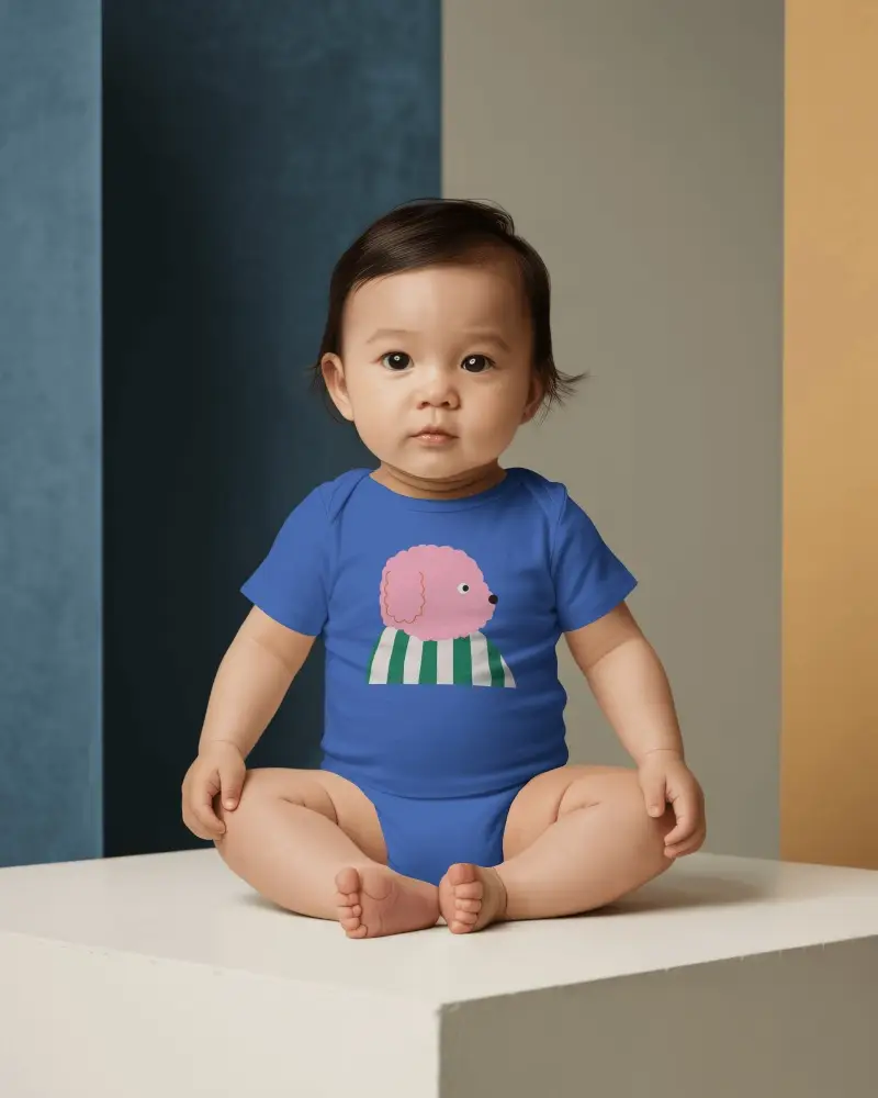 Modern Studio Baby Onesie Mockup Sitting Infant Front View Geometric Color Block Background