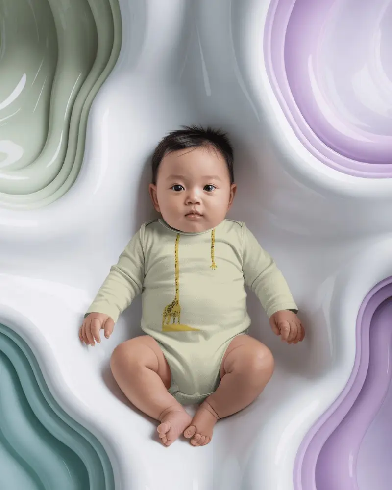 Abstract Fluid Baby Onesie Mockup Infant Lying Top View Soft Organic Wavy Background