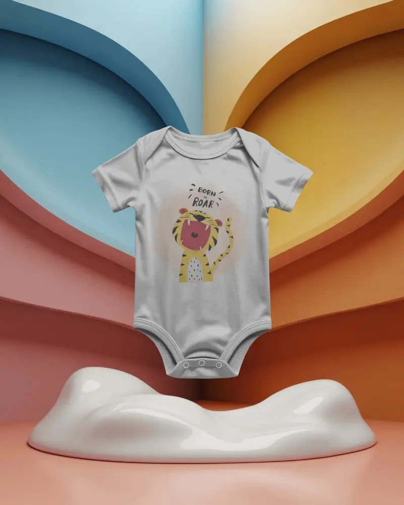 Short Sleeve Baby Onesie Mockup Front View Centered On Colorful Abstract Arched Background