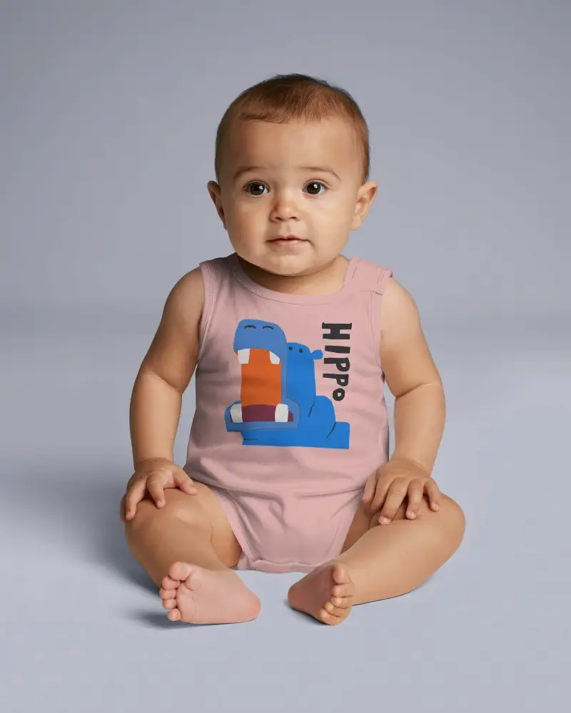 Sleeveless Baby Onesie Mockup Sitting Infant Front View Clean Gray Studio Background