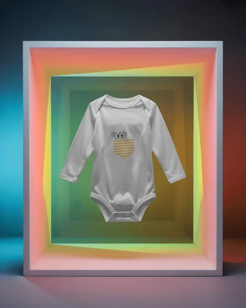 Long Sleeve Baby Onesie Mockup Front View Framed Display With Vibrant Rainbow Gradient Layers