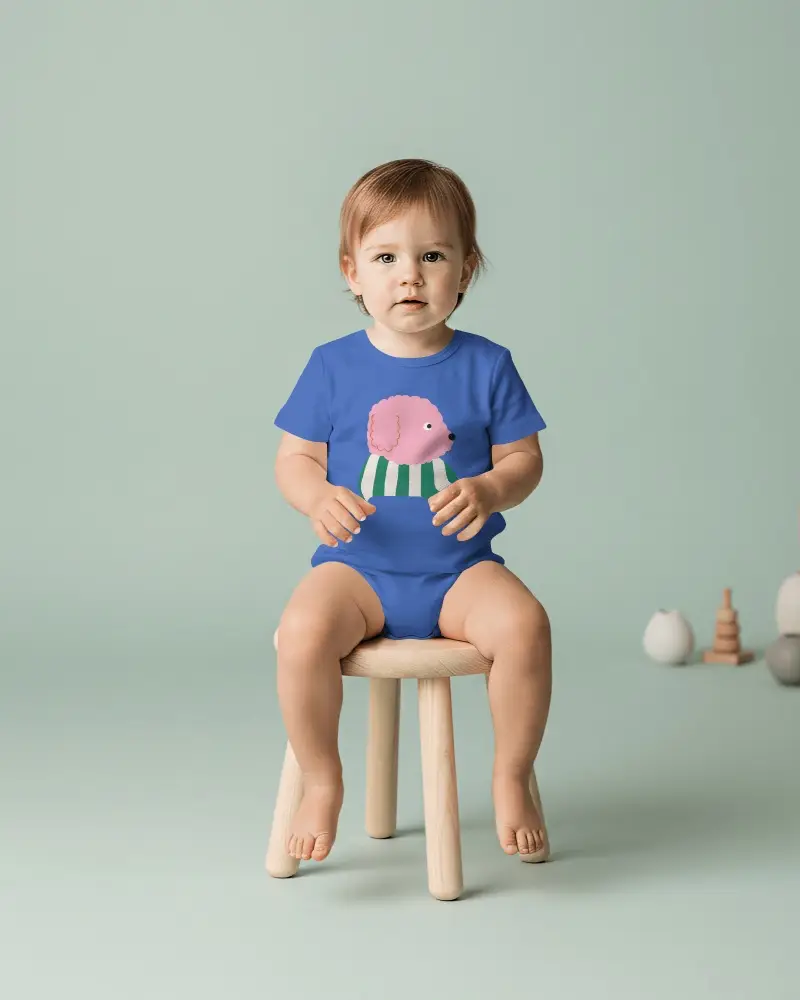 Minimal Studio Baby Onesie Mockup Sitting Toddler On Wooden Stool Soft Pastel Background