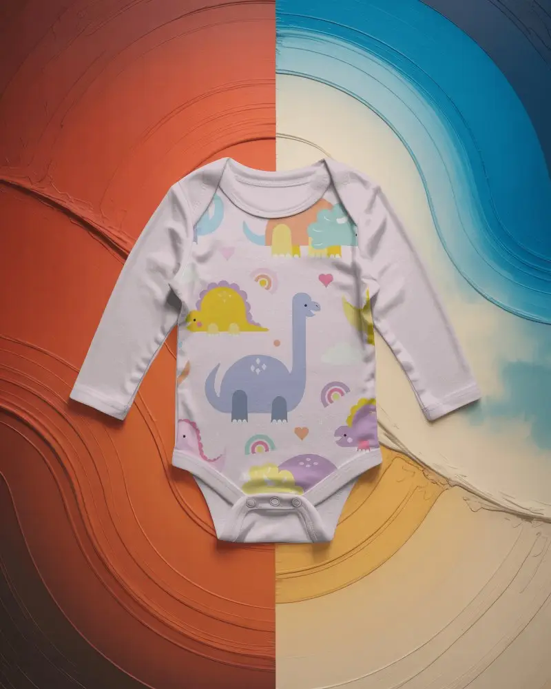 Infant Long Sleeve Onesie Mockup Flat Lay Baby Garment Smooth Fabric Studio Background